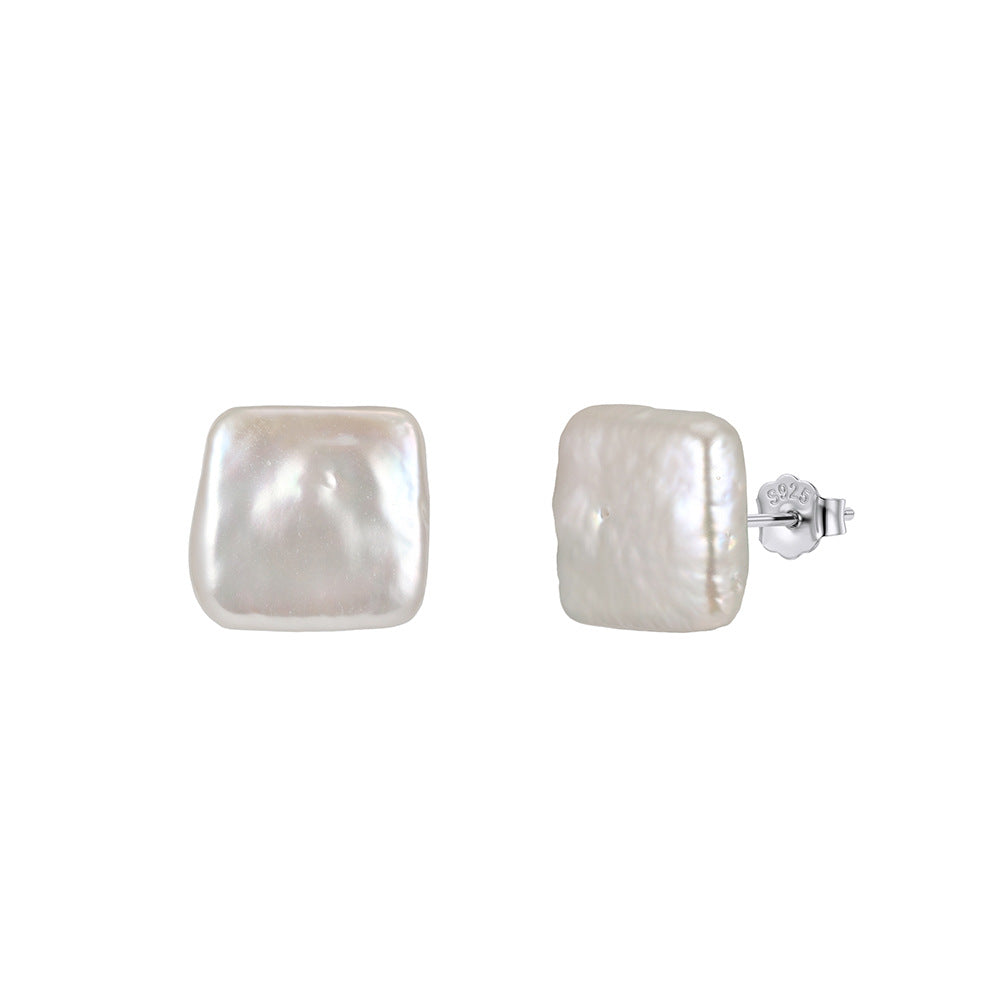 S925 Sterling Silver Square Baroque Pearl Stud Earrings, Lustrous Irregular Square Freshwater Pearl Minimalist Ear Studs