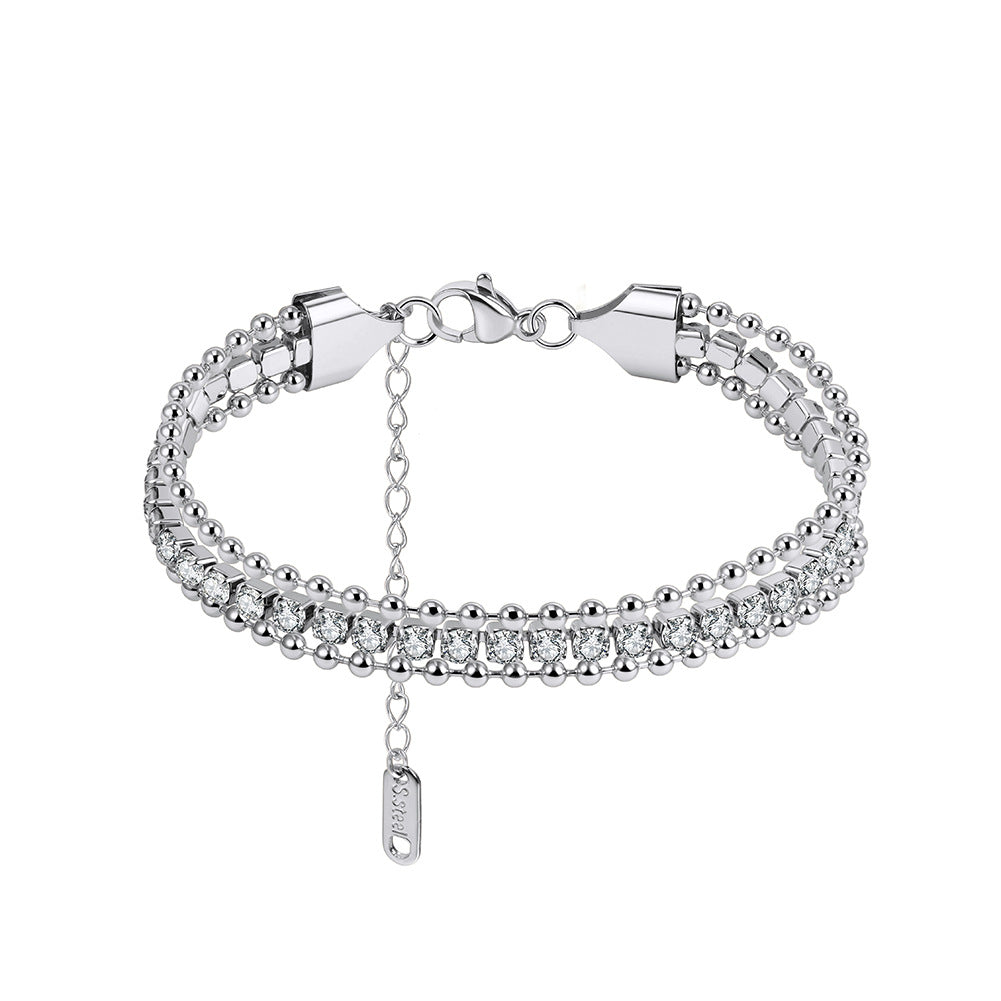 Silver Stainless Steel Multi Strand Beaded Bracelet, Layered Round Ball Beads with Inlaid CZ Stones, Adjustable Extension