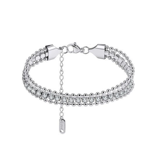 Silver Stainless Steel Multi Strand Beaded Bracelet, Layered Round Ball Beads with Inlaid CZ Stones, Adjustable Extension
