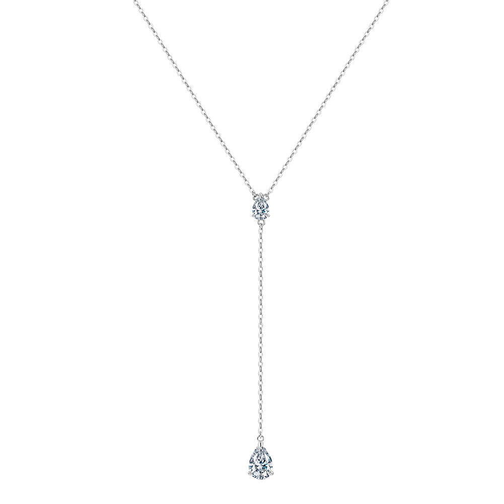 Silver Stainless Steel Teardrop CZ Y Lariat Necklace, Double Pear Cut Cubic Zirconia Drop Pendant Chain