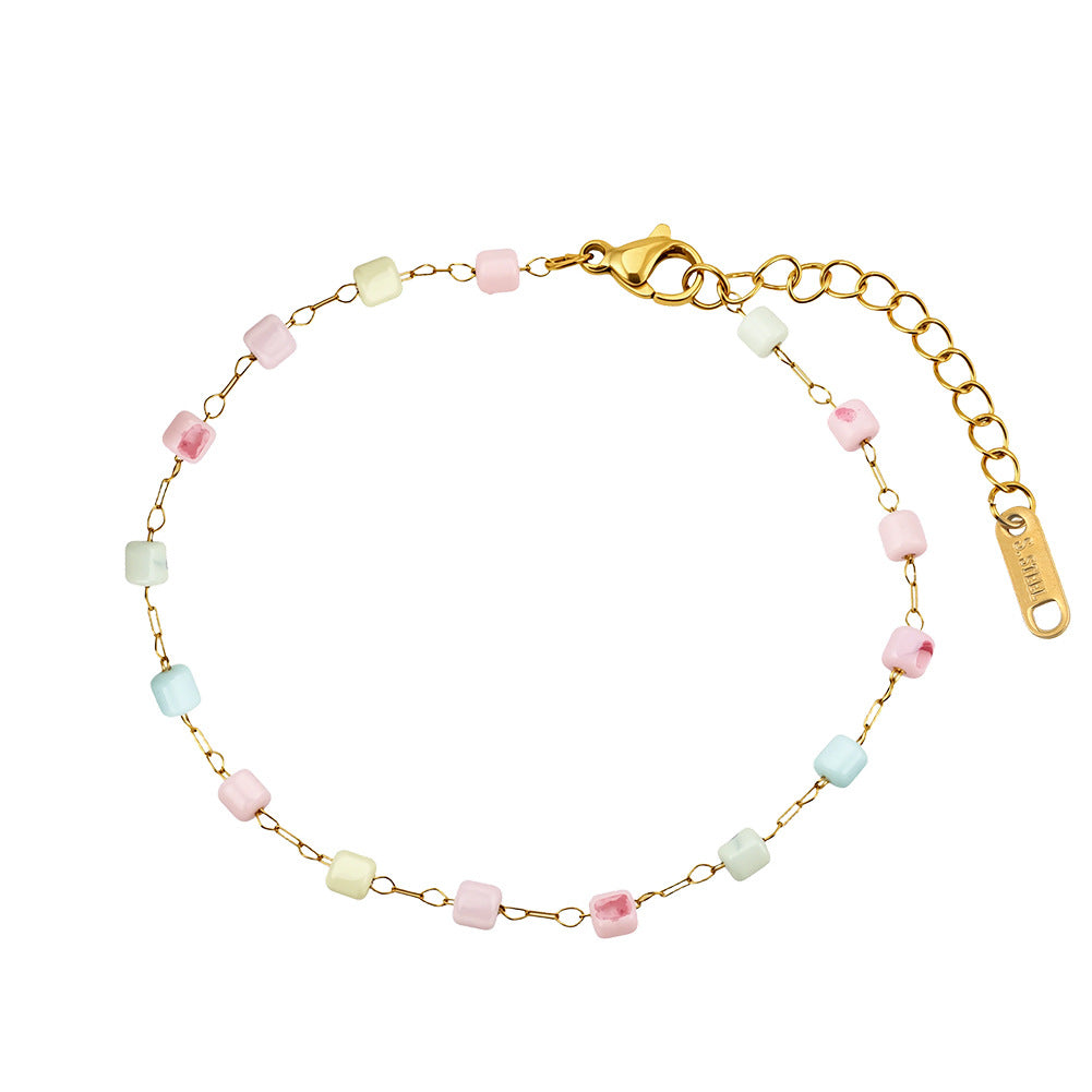 Gold Plated Stainless Steel Dainty Colorful Cube Bead Bracelet, Pastel Candy Square Beads Station Chain, Adjustable Extension