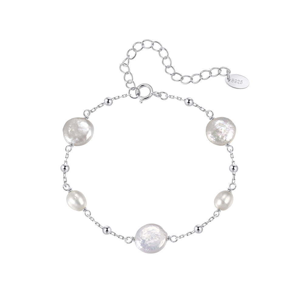 S925 Sterling Silver Bracelet, Large Coin Freshwater Pearls & Oval Rice Pearls with Silver Ball Spacers, Delicate Cable Chain, Adjustable Extension Chain