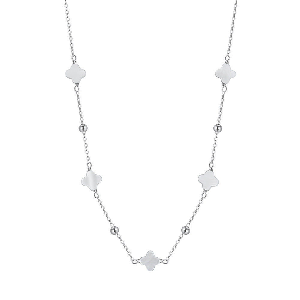 Silver White Mother of Pearl Clover Station Necklace, Solid White Shell Clover Pendants with Silver Ball Spacer Beads
