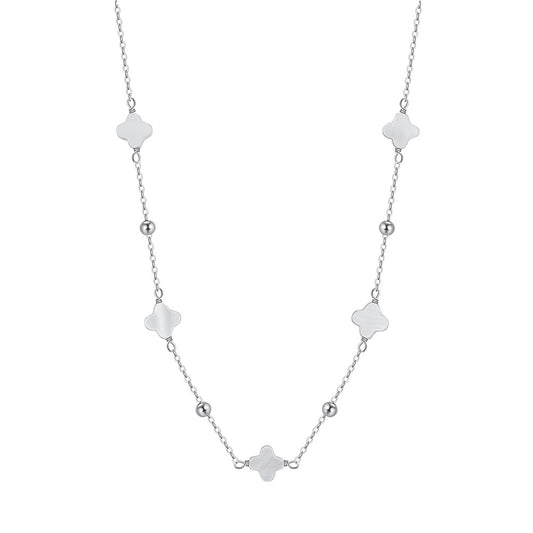 Silver White Mother of Pearl Clover Station Necklace, Solid White Shell Clover Pendants with Silver Ball Spacer Beads