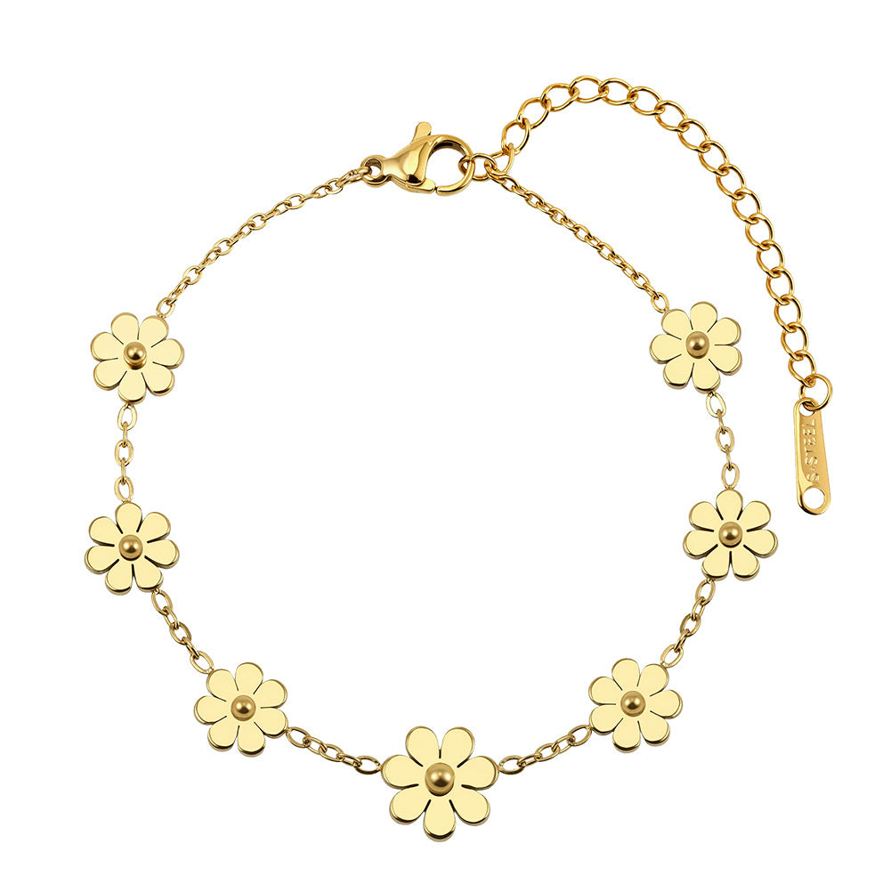Gold Plated Stainless Steel Daisy Flower Bracelet, Multiple Daisy Charms on Thin Cable Chain, Adjustable