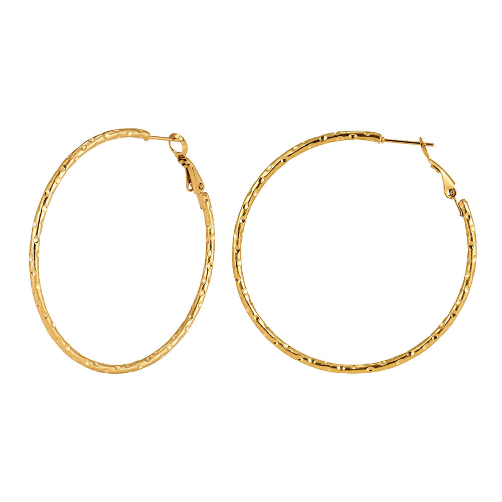 Gold Plated Stainless Steel Hammered Texture Large Round Hoop Earrings