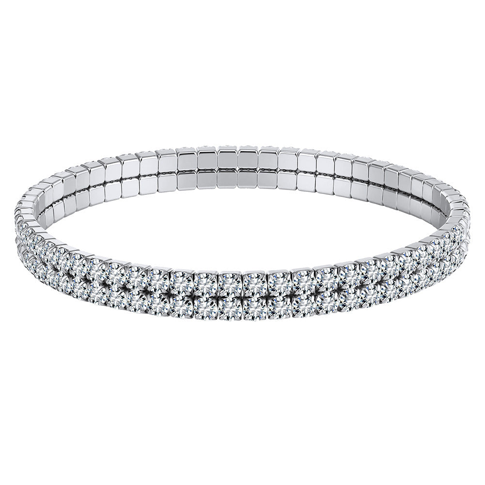 Silver Stainless Steel Stretch Tennis Bracelet, Multi Row Round CZ Stones Elastic Stackable Bangle