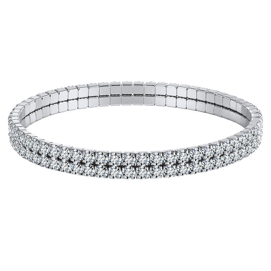 Silver Stainless Steel Stretch Tennis Bracelet, Multi Row Round CZ Stones Elastic Stackable Bangle
