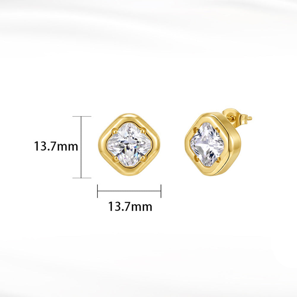Stainless Steel Gold Plated Cushion Cut CZ Square Stud Earrings