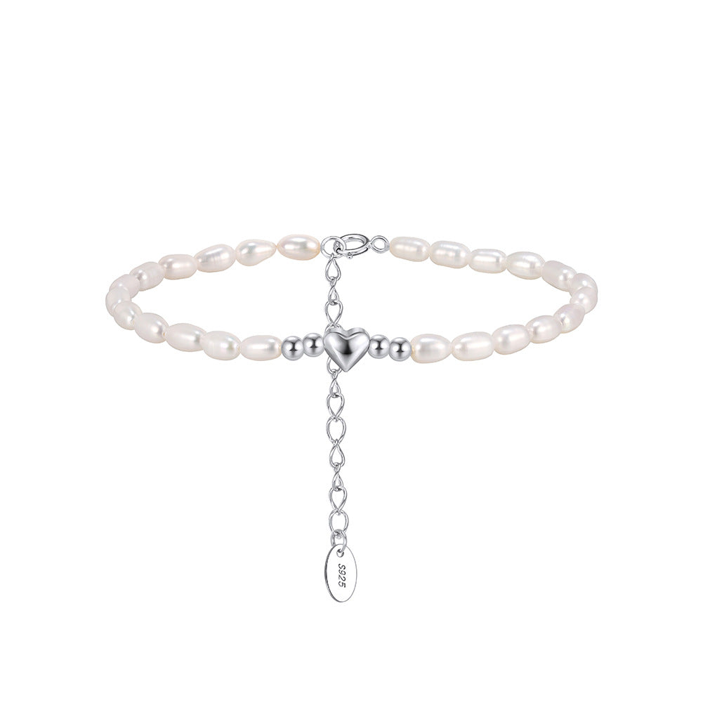 S925 Sterling Silver Beaded Bracelet, White Baroque Rice Freshwater Pearls with 3D Heart Accent, Adjustable Extension Chain