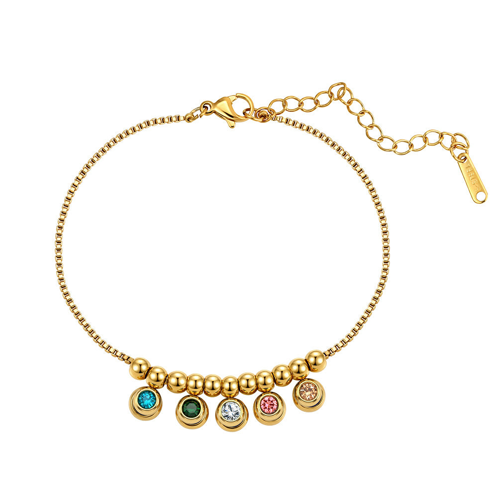 Gold Plated Stainless Steel Box Chain Bracelet, Multicolor Round CZ Drop Charms & Gold Spacer Beads