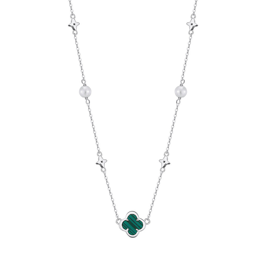 Silver Malachite Clover Pearl Necklace, Green Malachite Four Leaf Clover Pendant, Star Charms and Glossy Freshwater Pearl Stations