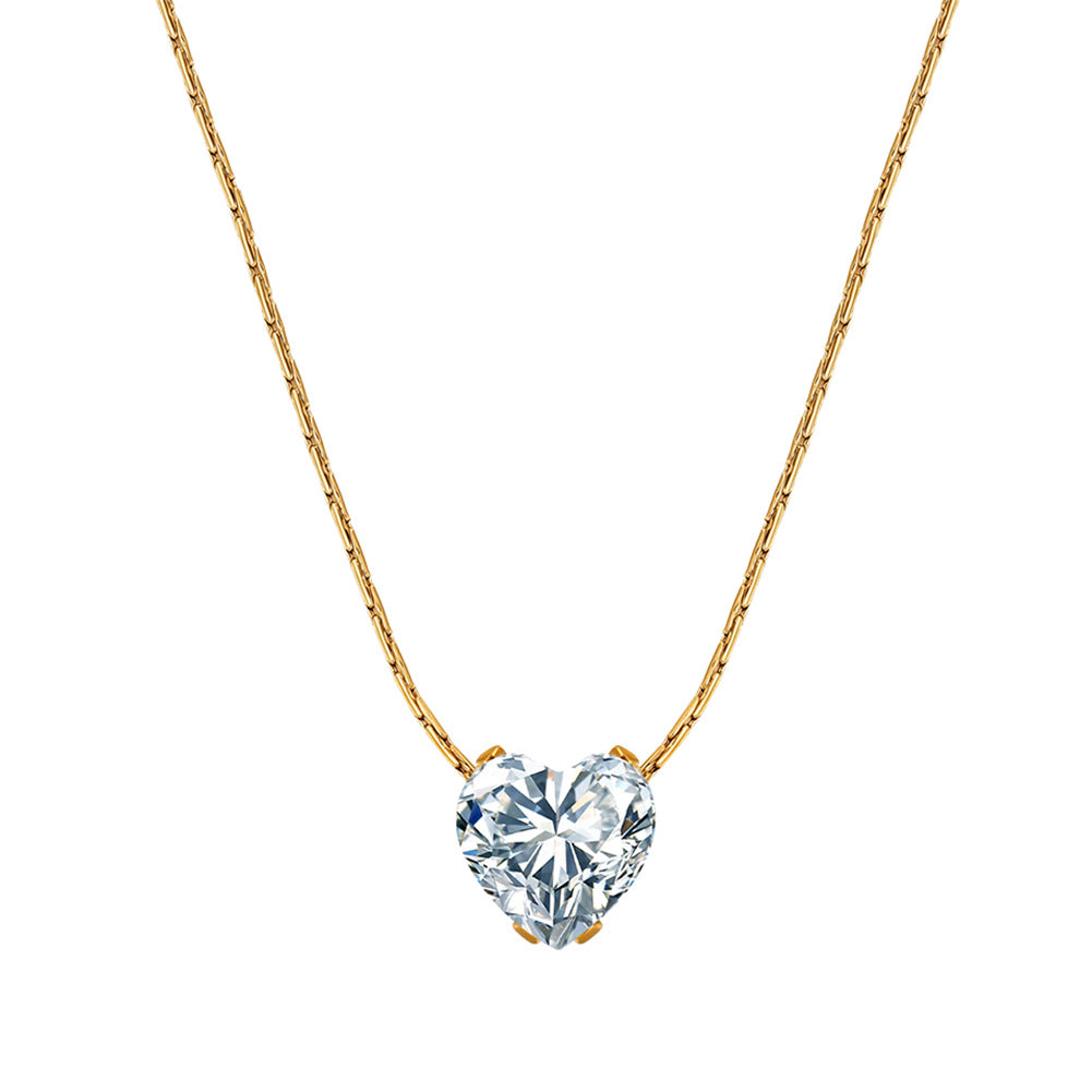 Gold Stainless Steel Heart Cut CZ Solitaire Necklace, Single Heart Shaped Clear Cubic Zirconia 4-Prong Set Thin Rectangular Link Chain