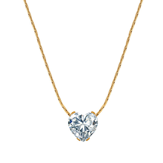 Gold Stainless Steel Heart Cut CZ Solitaire Necklace, Single Heart Shaped Clear Cubic Zirconia 4-Prong Set Thin Rectangular Link Chain