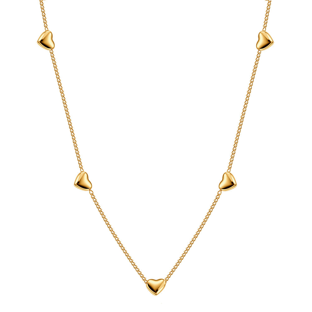 Gold Stainless Steel Multi Station Heart Necklace, Five Small Polished 3D Heart Charms Along Dainty Rolo Chain