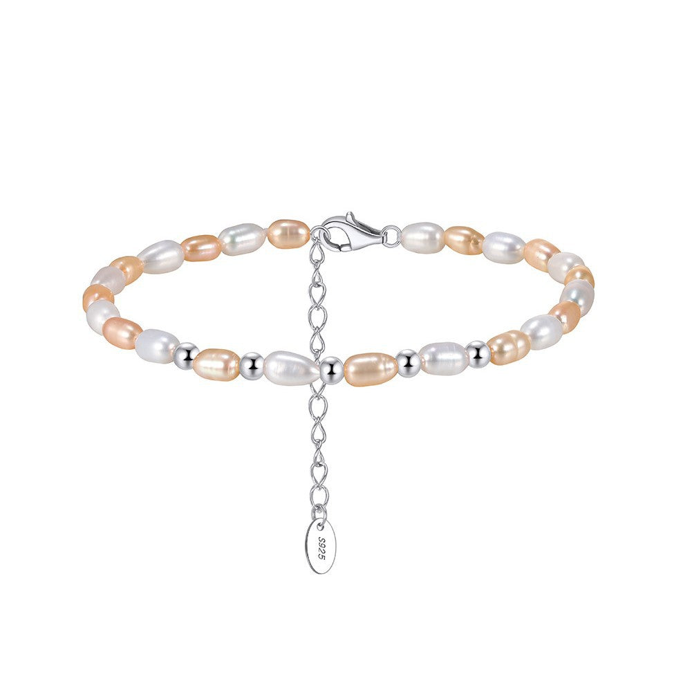 S925 Sterling Silver Beaded Bracelet, Mixed White & Peach Oval Rice Freshwater Pearls with Silver Metal Spacers, Adjustable Extension Chain