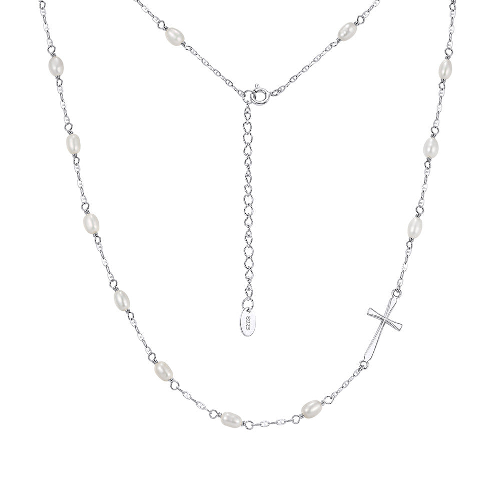 Silver Stainless Steel Rice Pearl Station Necklace, Oval Freshwater Style Pearls With Slim Simple Cross Pendant Adjustable Chain