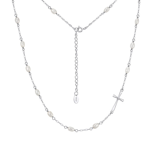 Silver Stainless Steel Rice Pearl Station Necklace, Oval Freshwater Style Pearls With Slim Simple Cross Pendant Adjustable Chain