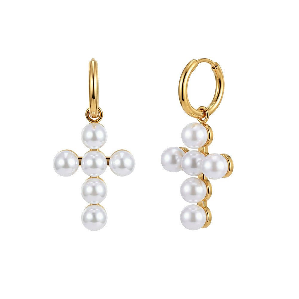 Gold Plated Stainless Steel Faux Pearl Cross Charm Huggie Hoop Earrings
