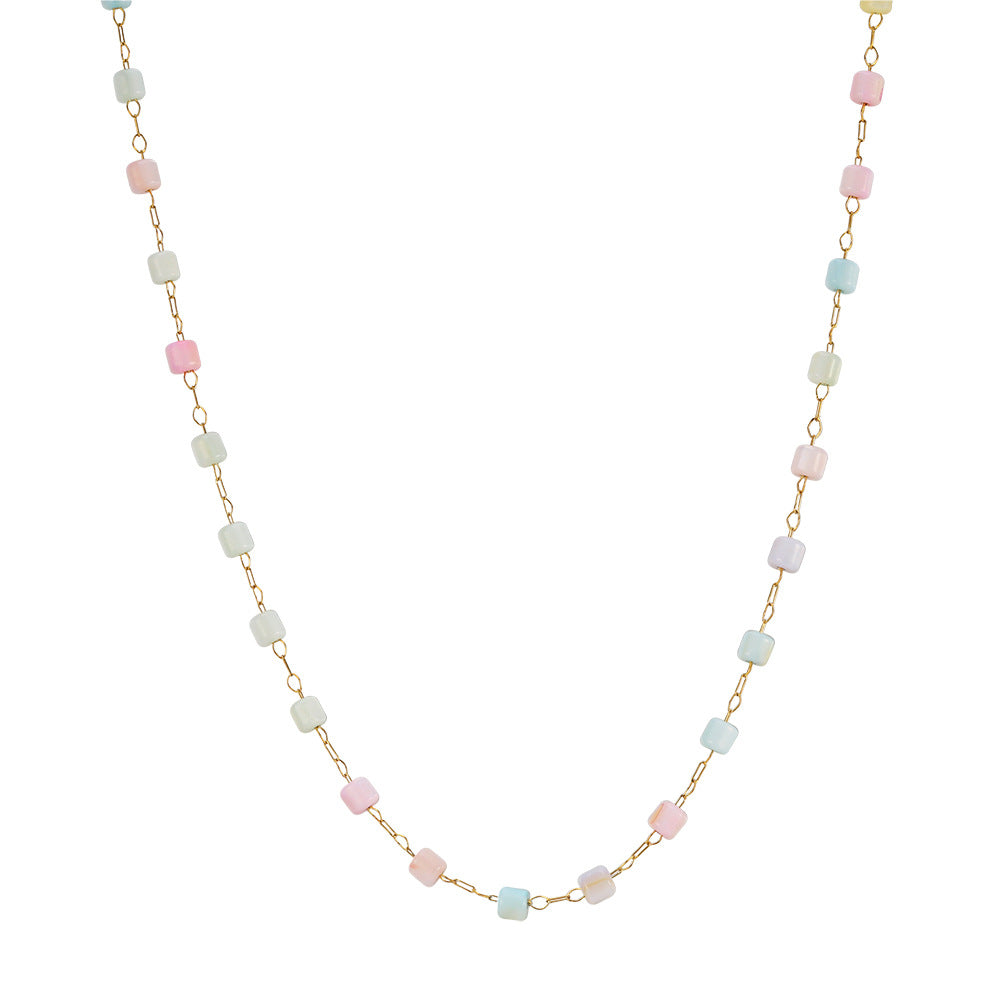 Gold Stainless Steel Dainty Chain Necklace, Multicolor Pastel Cube Beads Station Necklace