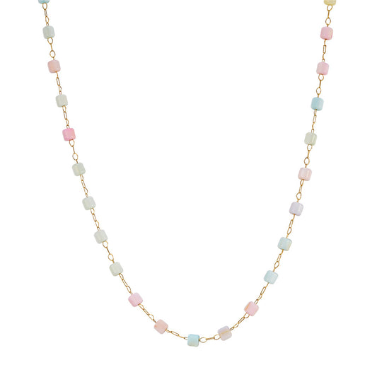 Gold Stainless Steel Dainty Chain Necklace, Multicolor Pastel Cube Beads Station Necklace