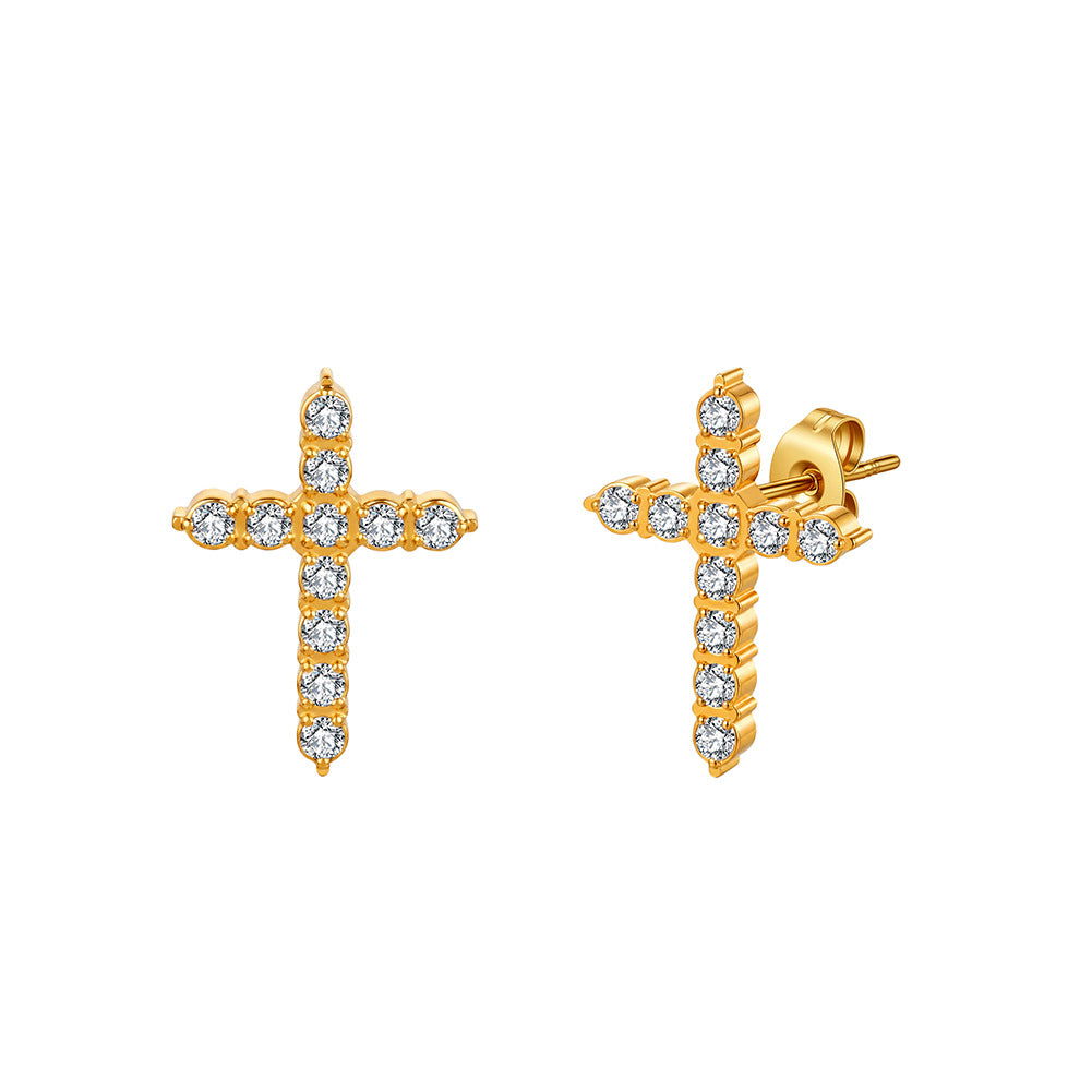 Gold Plated Stainless Steel Paved CZ Cross Stud Earrings