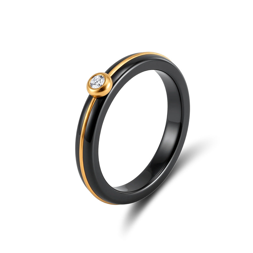Black Ceramic Ring with Gold Plated Stainless Steel Inlay & Bezel Set Round CZ, Thin Band