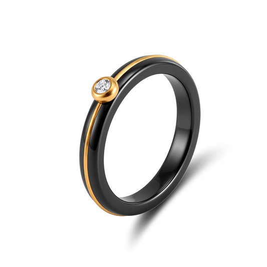 Black Ceramic Ring with Gold Plated Stainless Steel Inlay & Bezel Set Round CZ, Thin Band