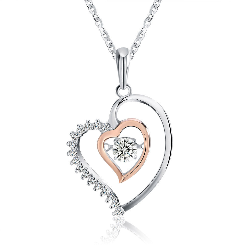 Two Tone Stainless Steel Interlocking Double Heart Pendant Necklace, Rose Gold Inner Heart With Center Round CZ & Pave CZ Accents Rolo Chain