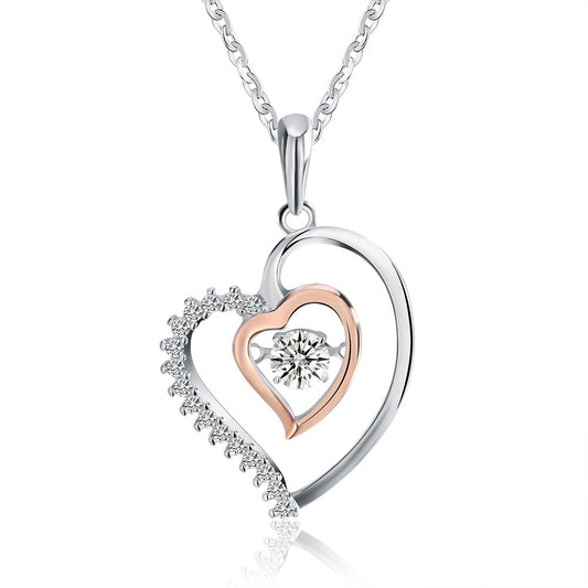 Two Tone Stainless Steel Interlocking Double Heart Pendant Necklace, Rose Gold Inner Heart With Center Round CZ & Pave CZ Accents Rolo Chain