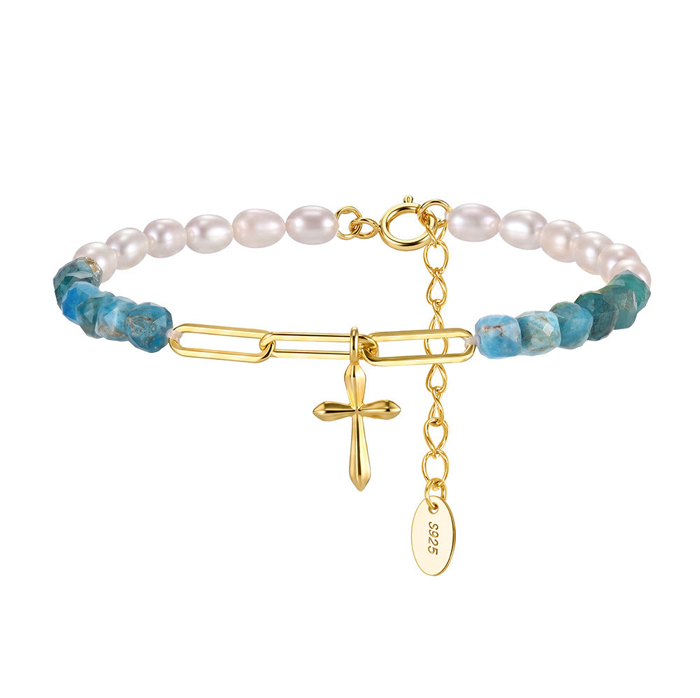 S925 Gold Plated Cross Charm Bracelet, Rice-shaped Lustrous Freshwater Pearls with Faceted Blue Apatite Stones, Paperclip Link & Cross Pendant