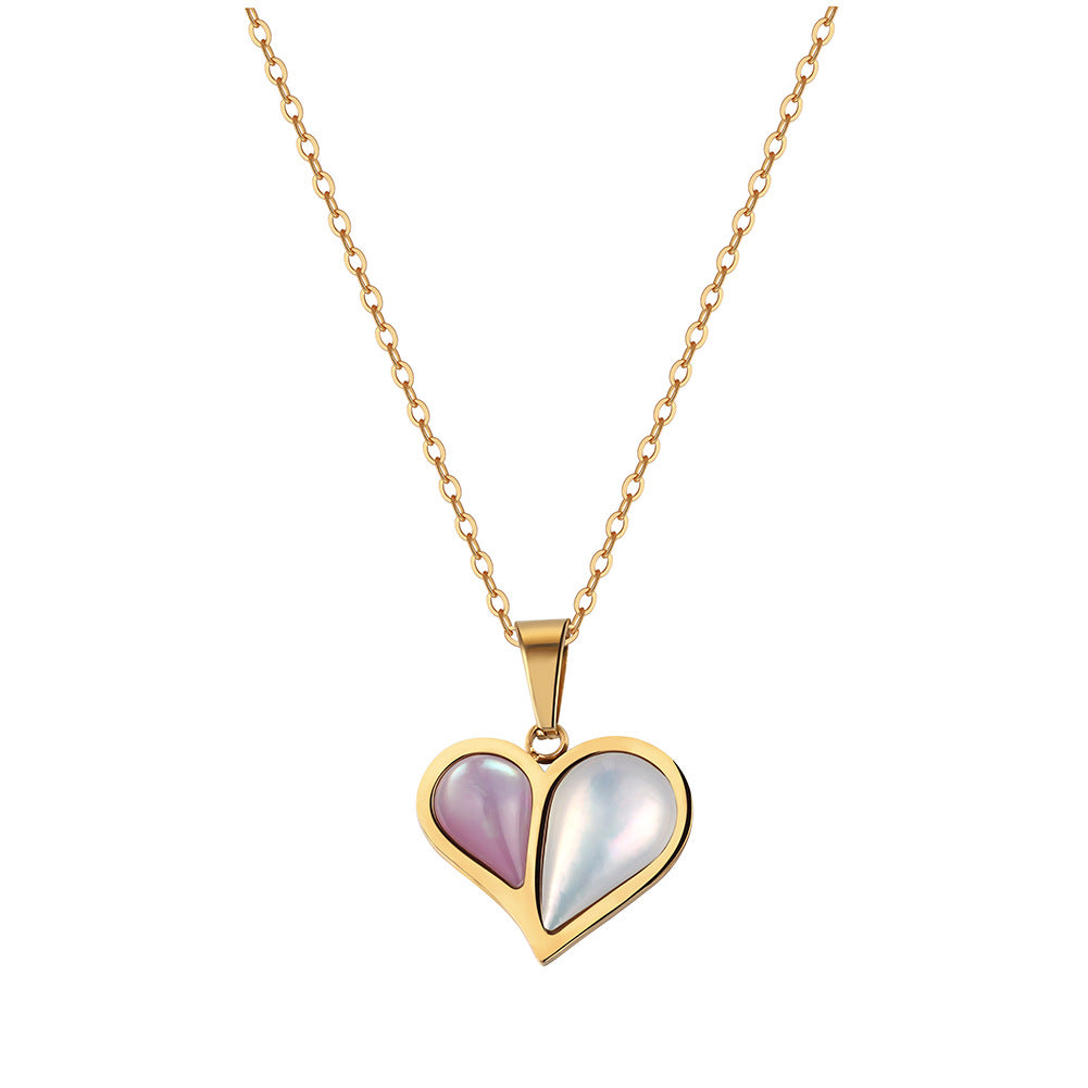 Gold Stainless Steel Rolo Chain Necklace, Split Two-Tone Pink & White Mother of Pearl Inlaid Heart Pendant