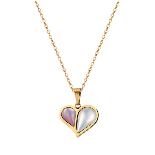 Gold Stainless Steel Rolo Chain Necklace, Split Two-Tone Pink & White Mother of Pearl Inlaid Heart Pendant