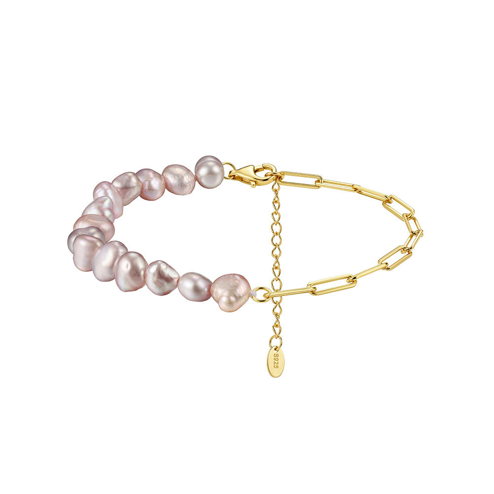 S925 Sterling Silver Half Baroque Pearl Half Paperclip Chain Bracelet, Soft Pink Natural Baroque Freshwater Pearls, Adjustable Extension Chain