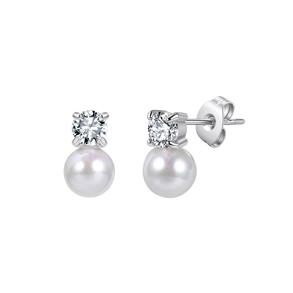 Silver Stainless Steel Solitaire CZ and Imitation Pearl Drop Stud Earrings