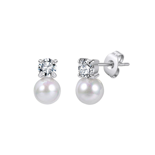 Silver Stainless Steel Solitaire CZ and Imitation Pearl Drop Stud Earrings