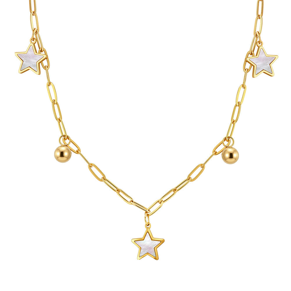 Gold Stainless Steel Paperclip Star Necklace, White Shell Inlay Star Pendants with Round Gold Ball Charms