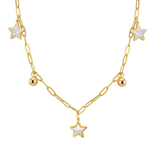 Gold Stainless Steel Paperclip Star Necklace, White Shell Inlay Star Pendants with Round Gold Ball Charms