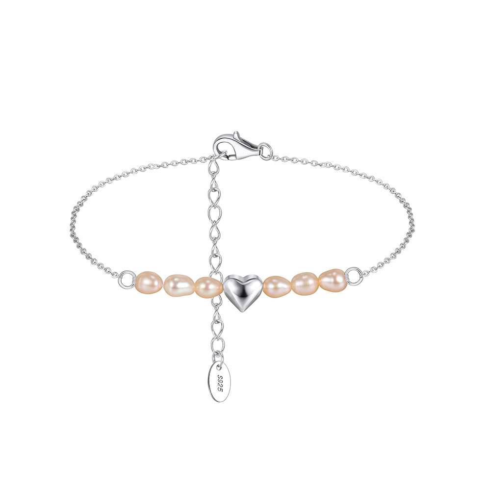 S925 Sterling Silver Dainty Chain Bracelet, Soft Peach Baroque Rice Freshwater Pearls with 3D Solid Heart Charm, Adjustable Extension Chain