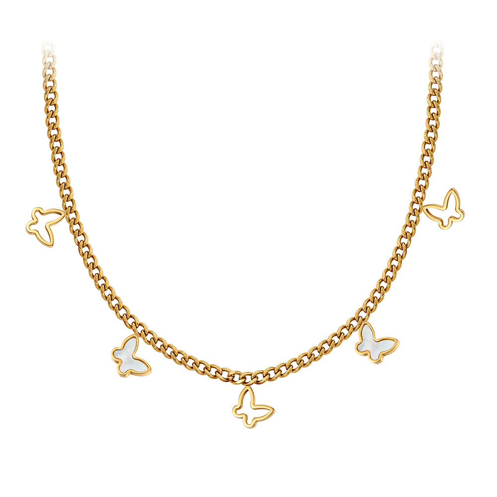 Gold Stainless Steel Butterfly Cuban Choker, Hollow Outline & White Shell Inlaid Butterfly Dangling Charms, Cuban Link Chain