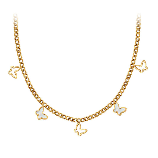 Gold Stainless Steel Butterfly Cuban Choker, Hollow Outline & White Shell Inlaid Butterfly Dangling Charms, Cuban Link Chain