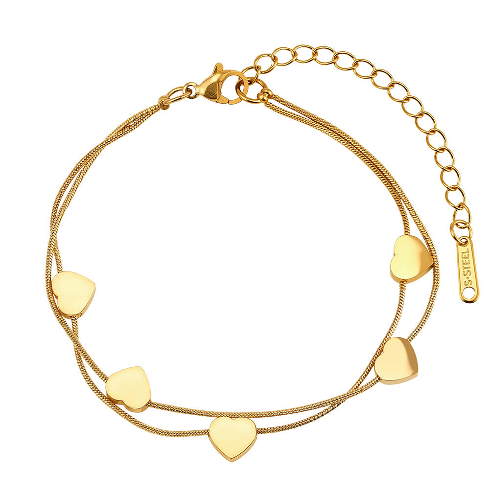 Gold Plated Stainless Steel Double Layer Snake Chain Bracelet, 5 Puffy Heart Charms, Adjustable Extension
