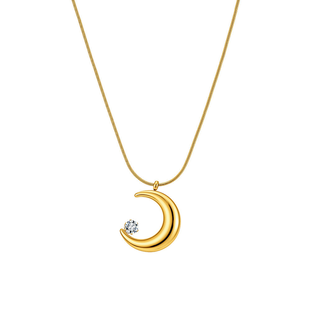 Gold Stainless Steel Crescent Moon Necklace, Polished Hollow Moon Charm with Single Round Clear CZ, Sleek Snake Chain