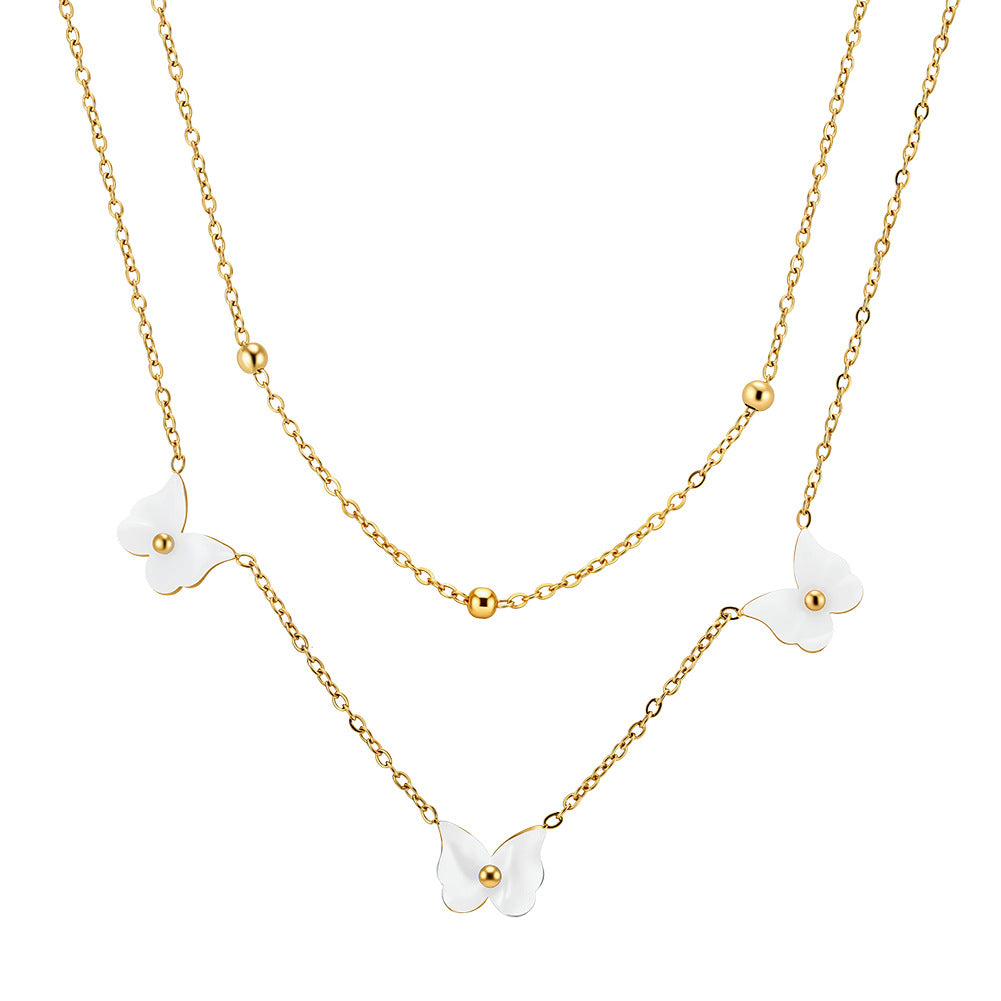 Gold Stainless Steel Double Layer Butterfly Necklace, Two-Tier Stacked Rolo Chain with White Enamel Butterfly Charms & Gold Bead Details