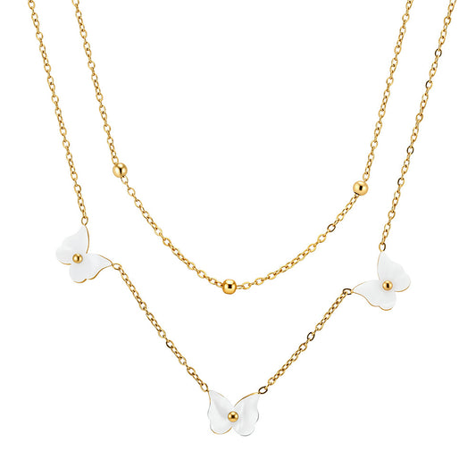 Gold Stainless Steel Double Layer Butterfly Necklace, Two-Tier Stacked Rolo Chain with White Enamel Butterfly Charms & Gold Bead Details