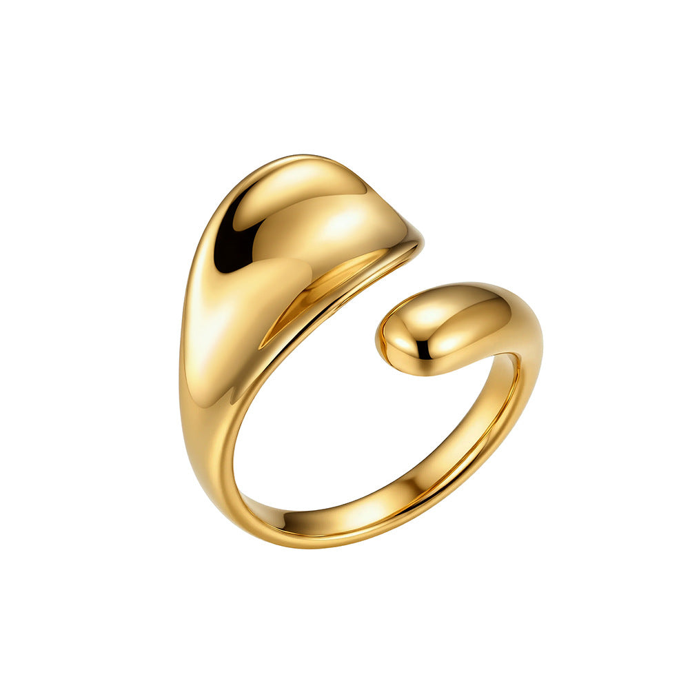 Gold Plated Stainless Steel Asymmetrical Open Cuff Ring, Smooth Curved Sculpted Surface