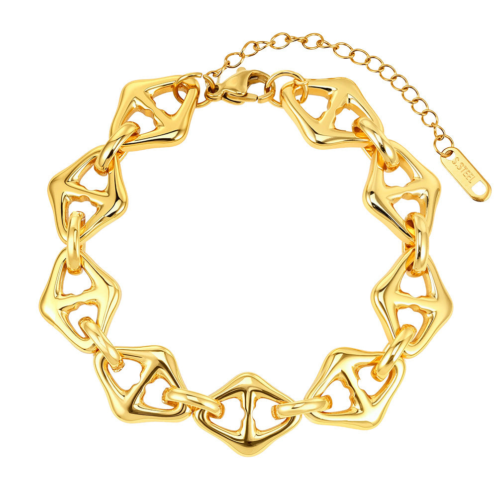 Gold Plated Stainless Steel Hollow Rhombus Link Bracelet, Openwork Diamond Shaped Chain Links, Adjustable Extension