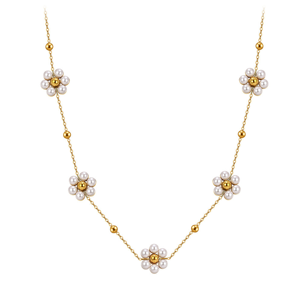Gold Stainless Steel Pearl Flower Station Necklace, Multi Daisy Pearl Floral Charm with Tiny Gold Ball Beads