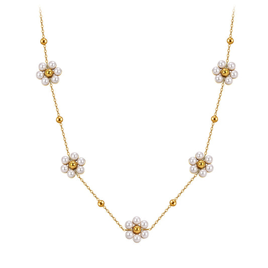 Gold Stainless Steel Pearl Flower Station Necklace, Multi Daisy Pearl Floral Charm with Tiny Gold Ball Beads