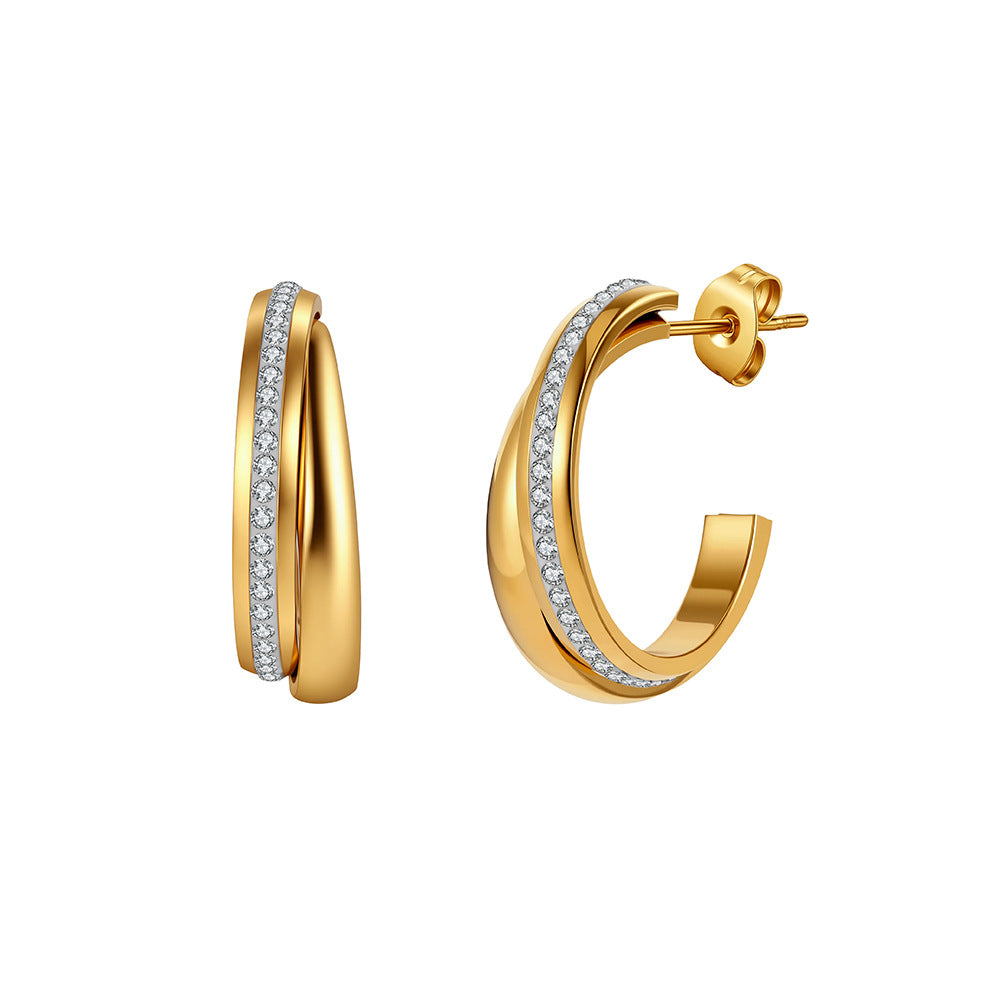 Gold Plated Stainless Steel Intertwined Double Band C Hoop Earrings Inlaid with CZ